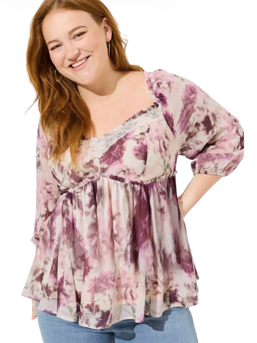 NWT Torrid Womens Babydoll Lace Chiffon Blouson Sleeve Floral Top  3X Romantic